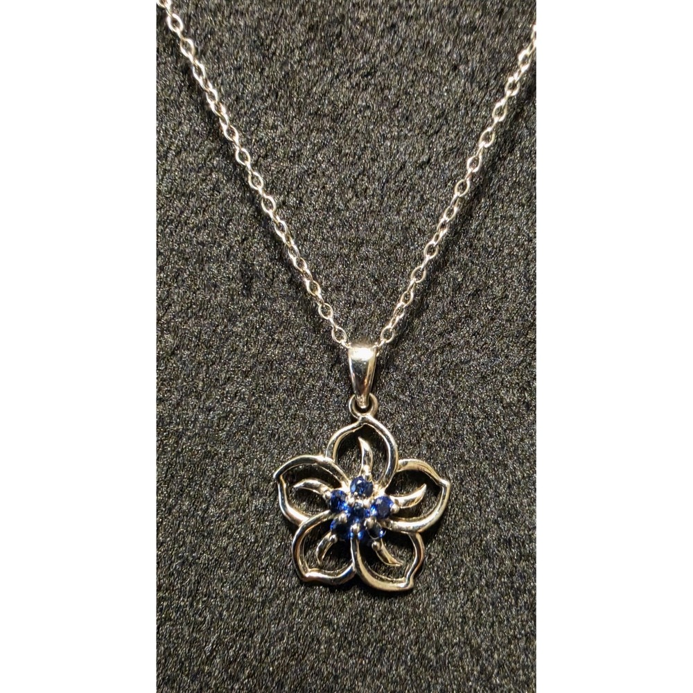 PAJ Sterling Silver 925 Blue Sapphire Flower Pendant Necklace 18"